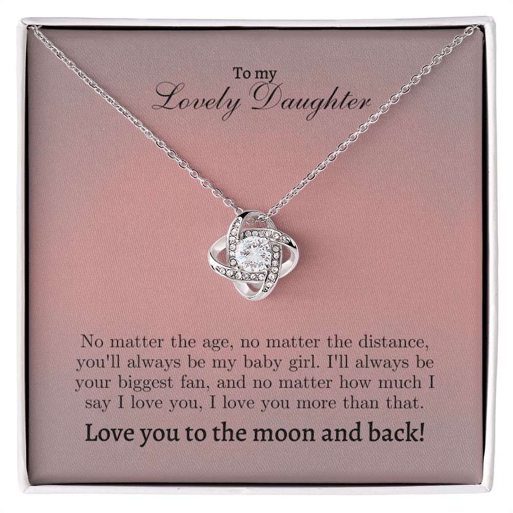 This necklace comes with the following heartfelt message. "To My Lovely Daughter, No matter the age, no matter the distance, you'll always be my baby girl. I'll always be your biggest fan, and no matter how much I say I love you, I love you more than that. Love you to the Moon and Back!"