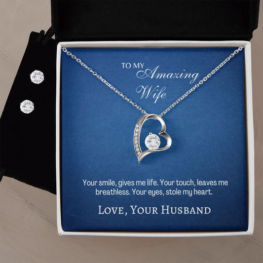 Amazing Wife - Your Smile Gives me Life - Forever Love Necklace & CZ Earrings