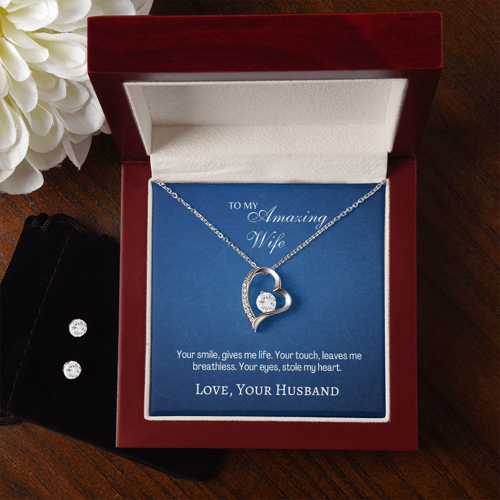 Amazing Wife - Your Smile Gives me Life - Forever Love Necklace & CZ Earrings