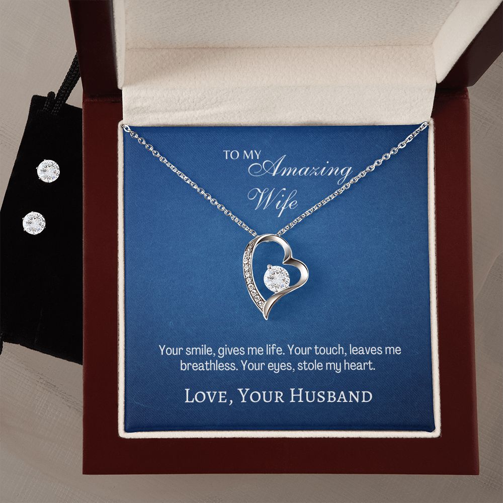 Amazing Wife - Your Smile Gives me Life - Forever Love Necklace & CZ Earrings